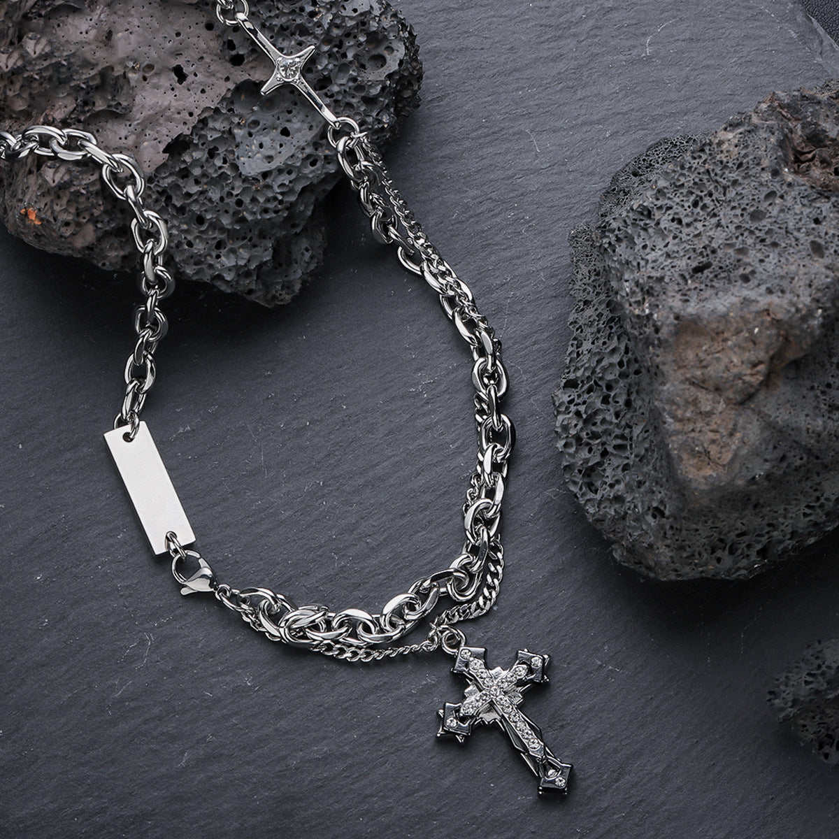 Titanium Steel Cross Layered Necklace for Men
