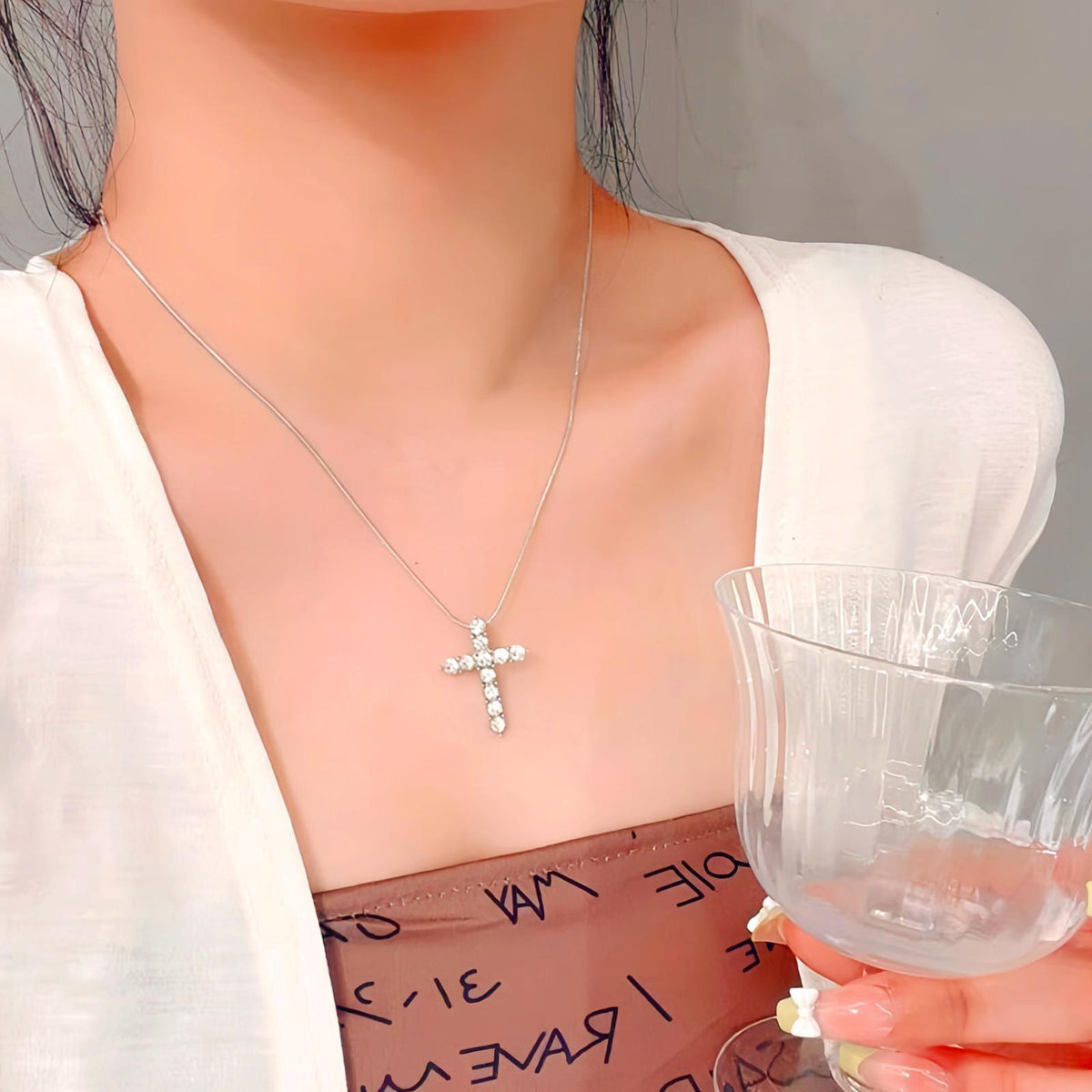 Diamond Encrusted Cross Titanium Steel Necklace