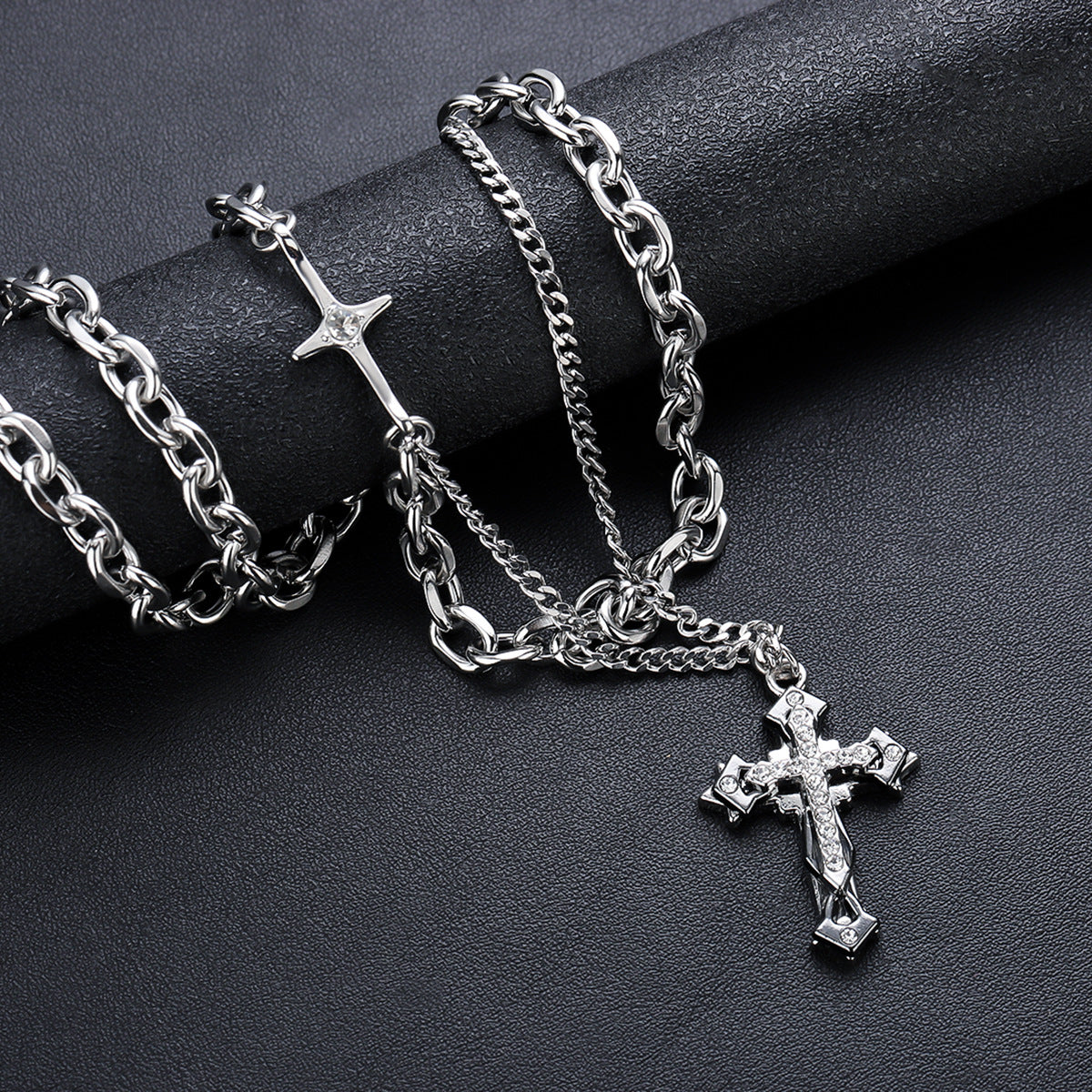 Titanium Steel Cross Layered Necklace for Men