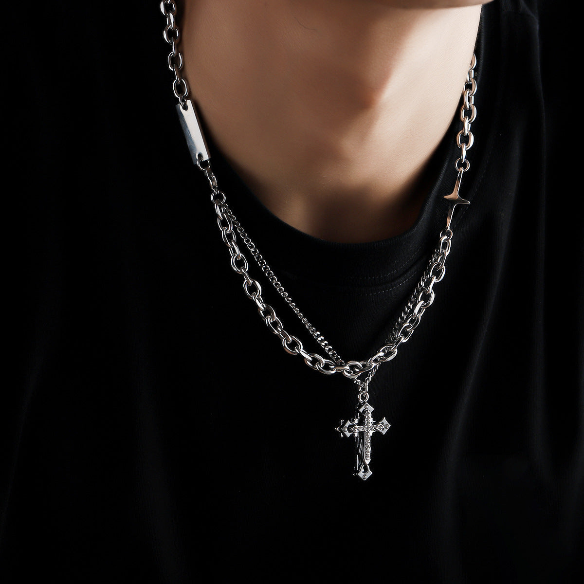 Titanium Steel Cross Layered Necklace for Men